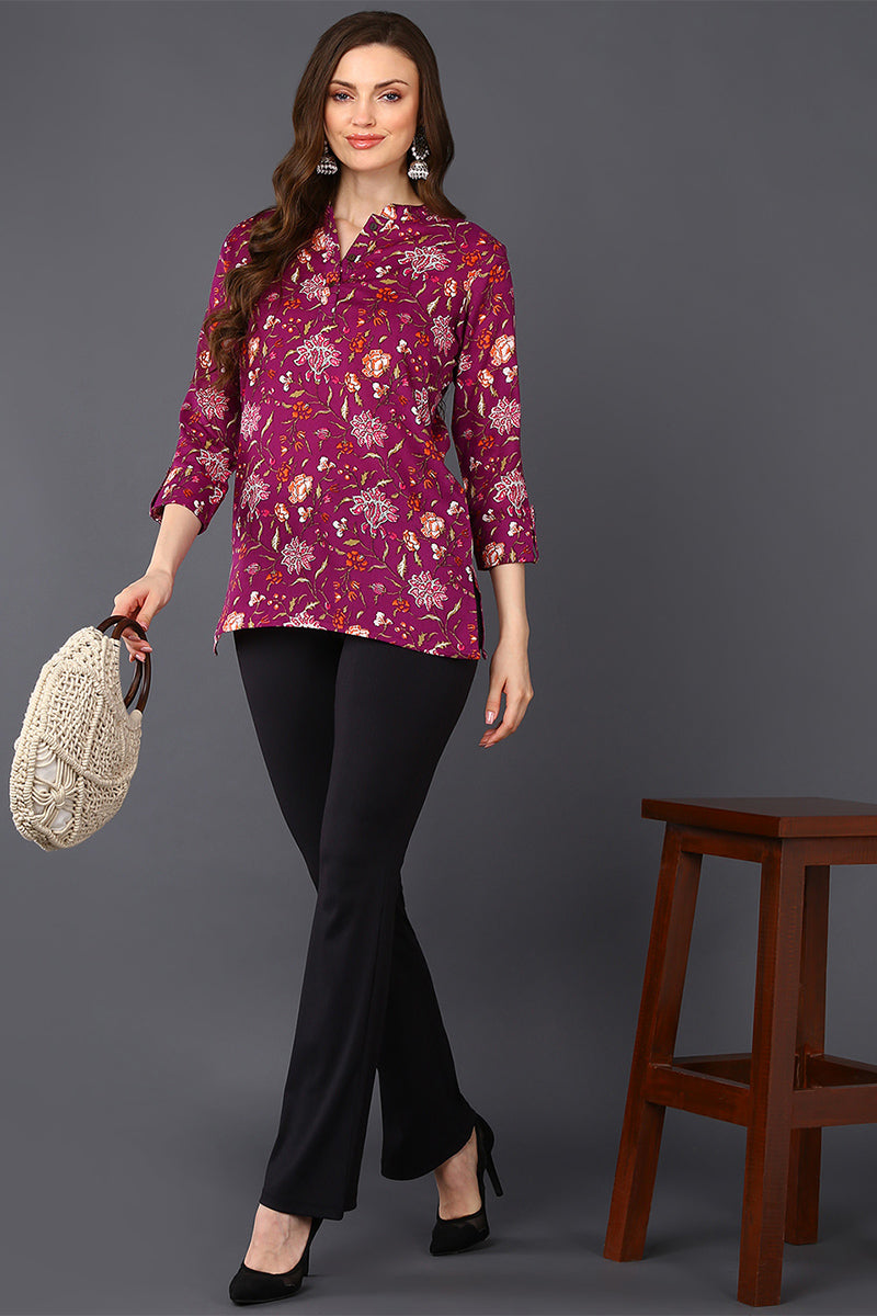 Berry Purple Cotton Blend Floral Printed Tunic Top