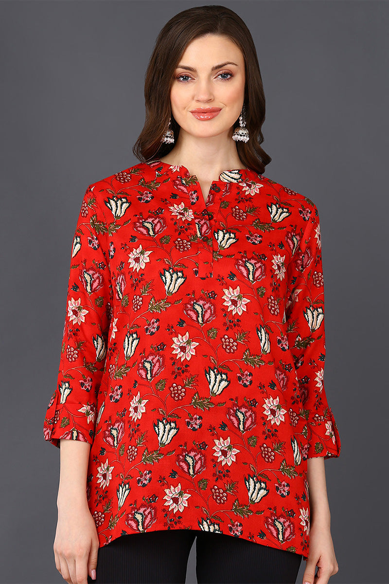 ZERESOUQ-Red-Cotton-Blend-Lotus-Printed-Tunic-Top