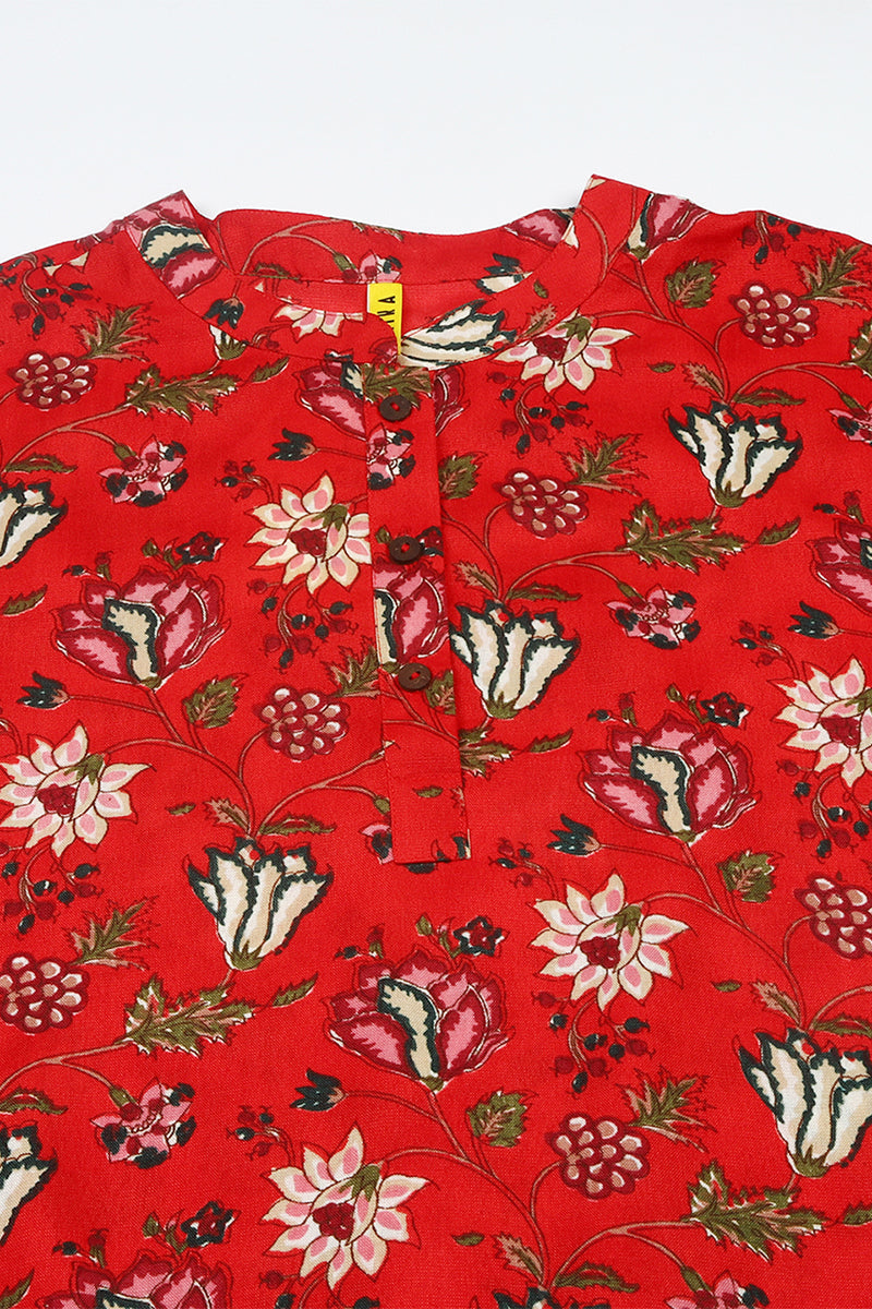 ZERESOUQ-Red-Cotton-Blend-Lotus-Printed-Tunic-Top