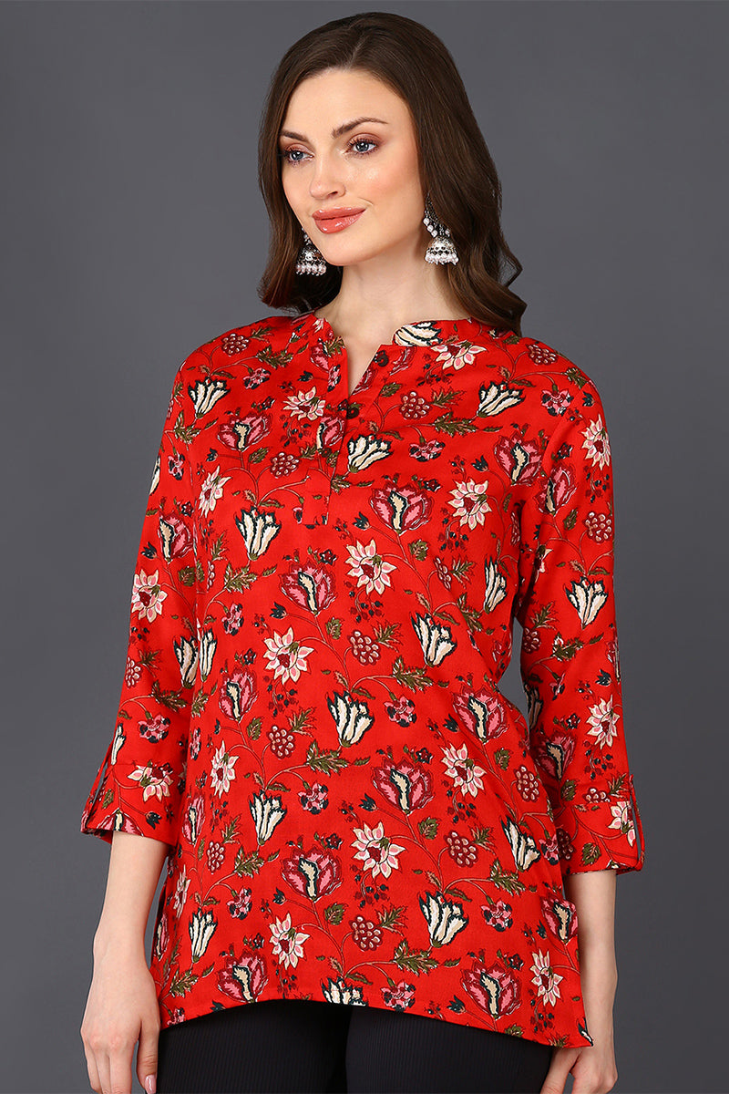 ZERESOUQ-Red-Cotton-Blend-Lotus-Printed-Tunic-Top