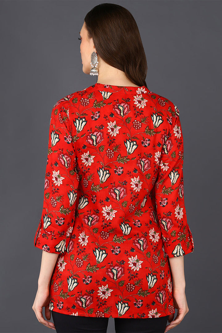 ZERESOUQ-Red-Cotton-Blend-Lotus-Printed-Tunic-Top