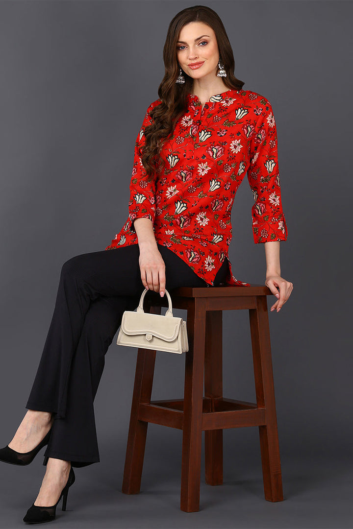 ZERESOUQ-Red-Cotton-Blend-Lotus-Printed-Tunic-Top