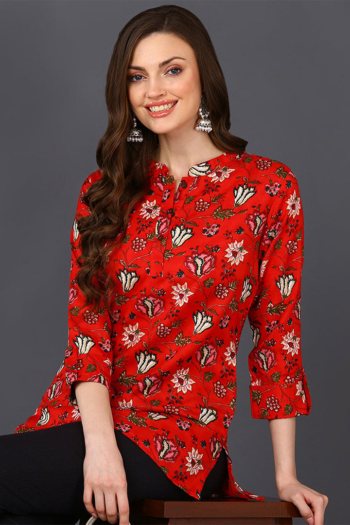 ZERESOUQ-Red-Cotton-Blend-Lotus-Printed-Tunic-Top
