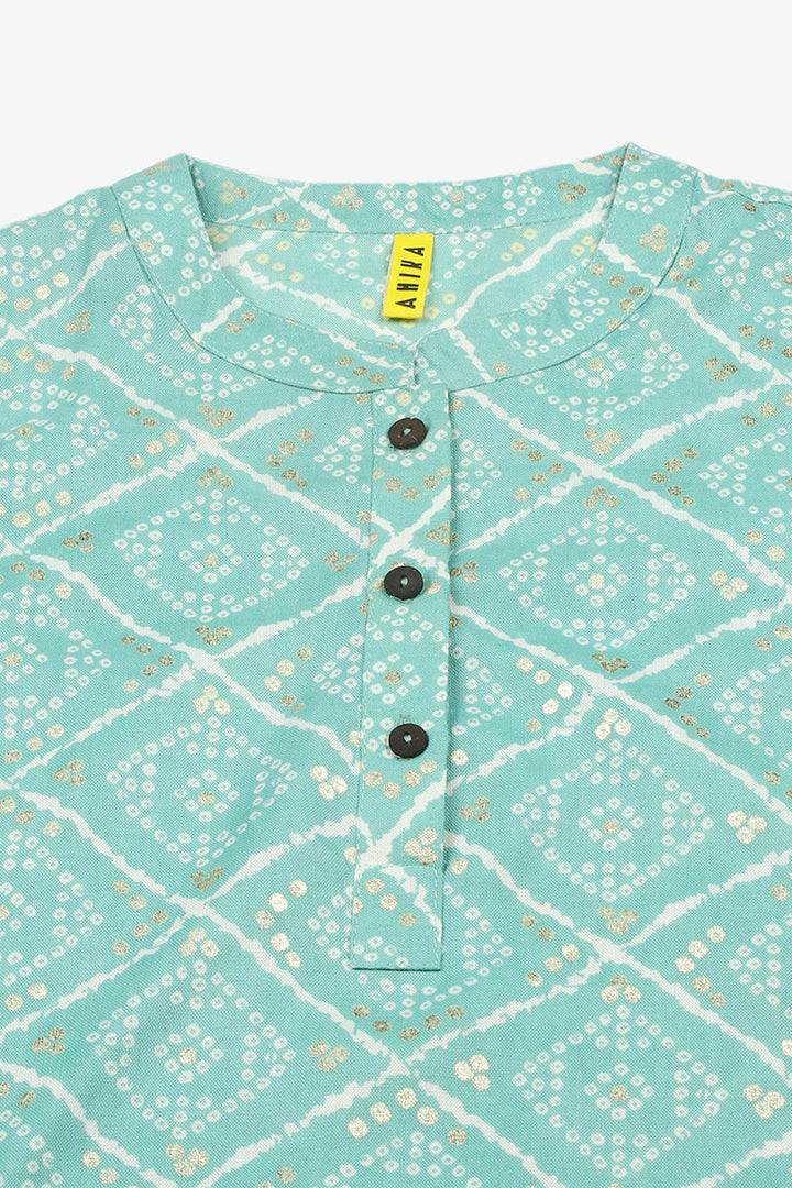 Blue Cotton Blend Geometric Bandhani Printed Tunic Top