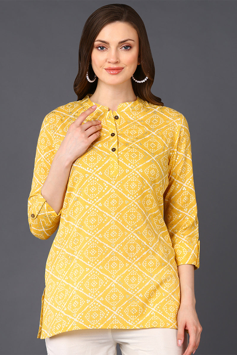 Yellow Cotton Blend Geometric Bandhani Printed Tunic Top