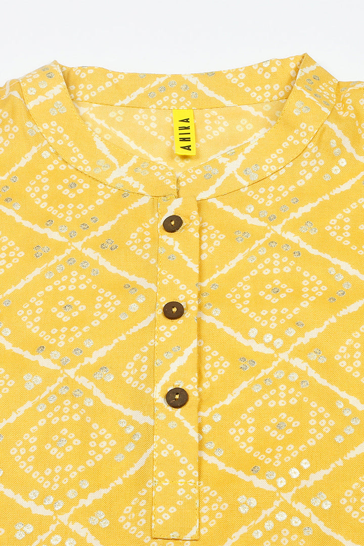 Yellow Cotton Blend Geometric Bandhani Printed Tunic Top