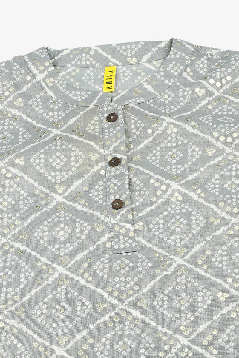 Grey Cotton Blend Geometric Bandhani Printed Tunic Top