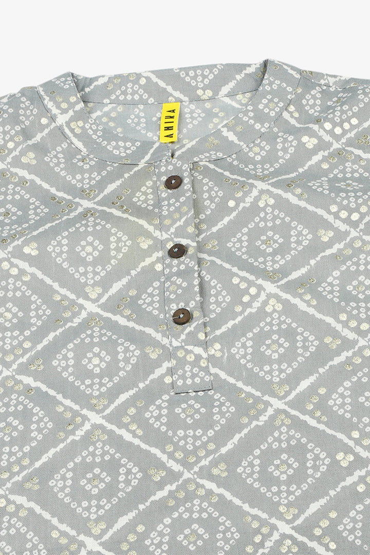 Grey Cotton Blend Geometric Bandhani Printed Tunic Top