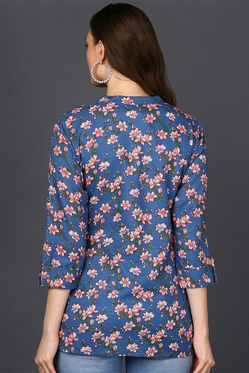 Dark Blue Cotton Blend Floral Printed Tunic Top