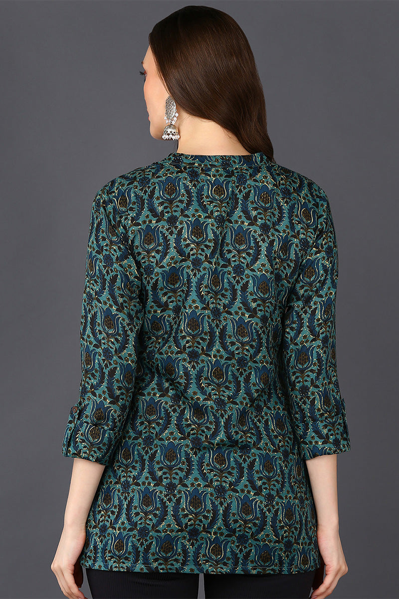 Teal Blue Cotton Blend Ethnic Motifs Printed Tunic Top