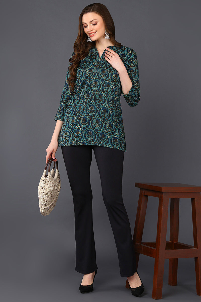 Teal Blue Cotton Blend Ethnic Motifs Printed Tunic Top