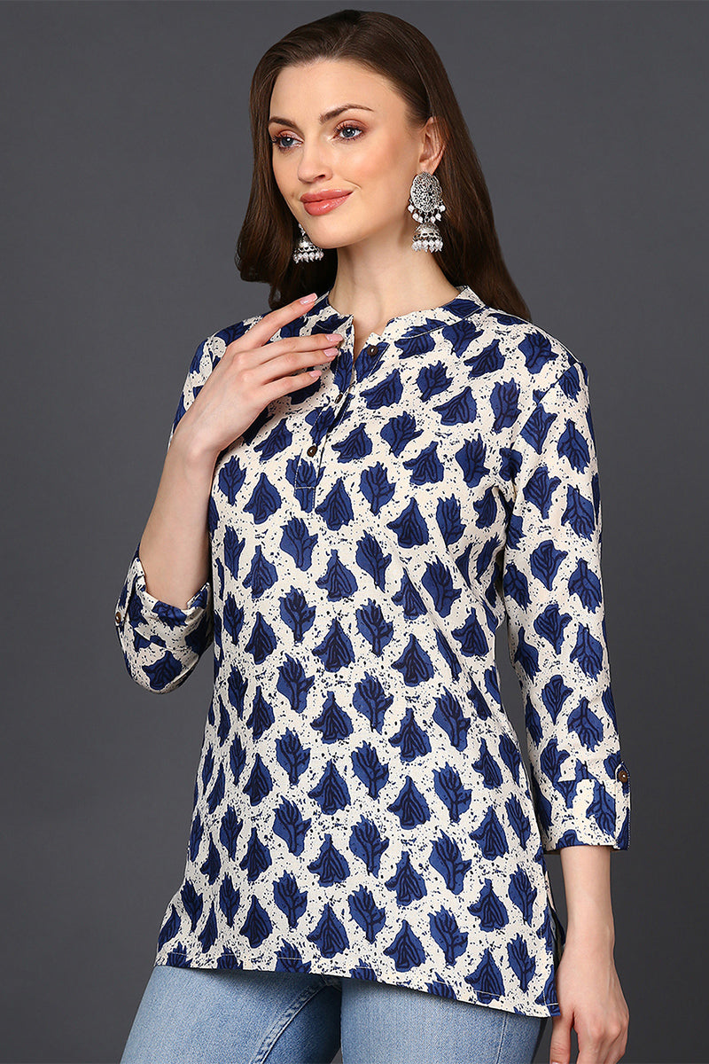 Off-White & Blue Cotton Blend Ethnic Motifs Printed Tunic Top