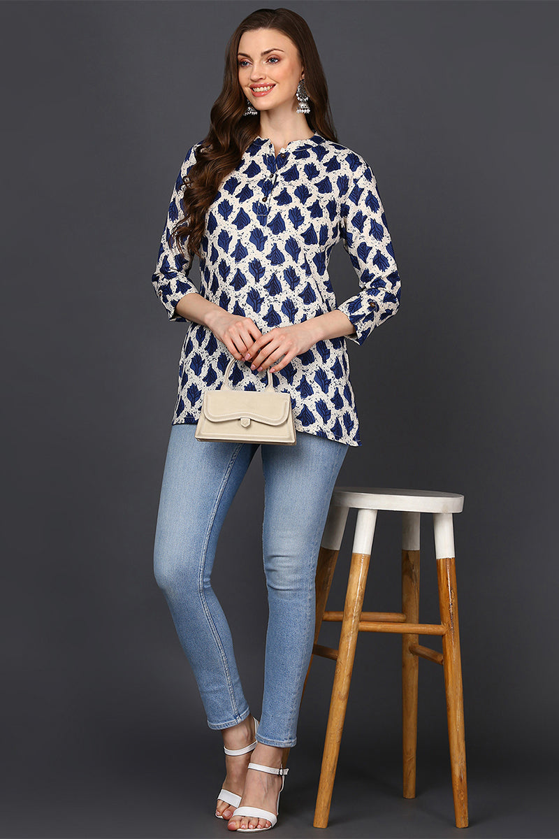 Off-White & Blue Cotton Blend Ethnic Motifs Printed Tunic Top