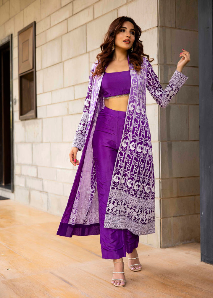 Vaanya Purple Georgette 3-Piece Co-Ord Set with Embroidered Jacket