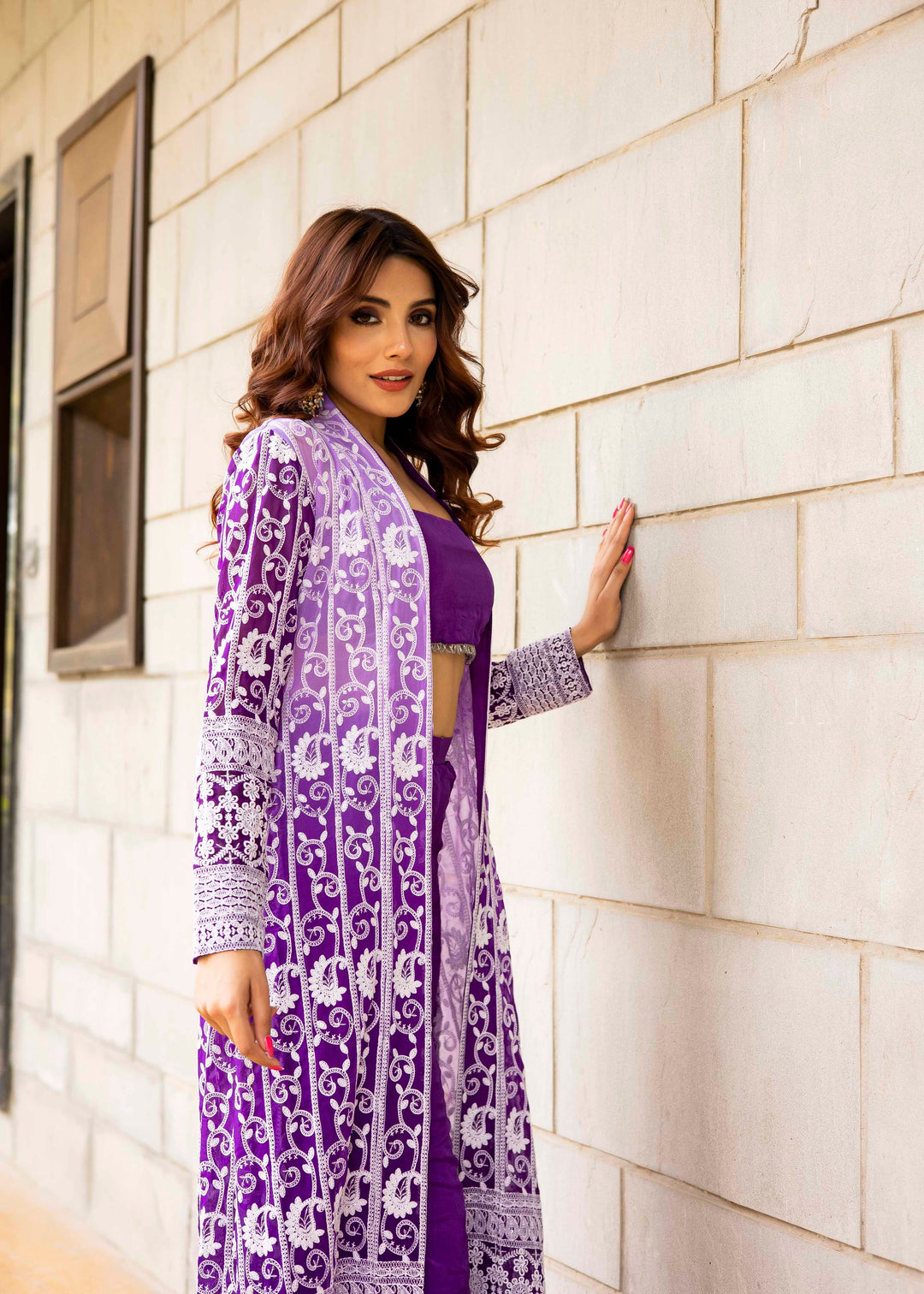 Vaanya Purple Georgette 3-Piece Co-Ord Set with Embroidered Jacket