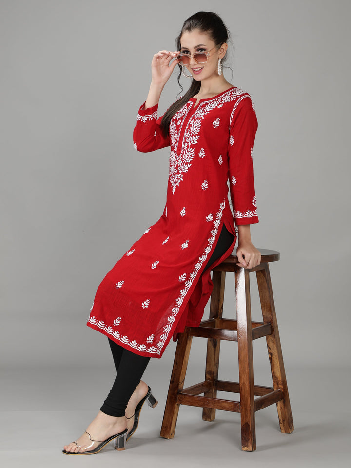 Venetian Red Cotton Straight Chikankari Kurta