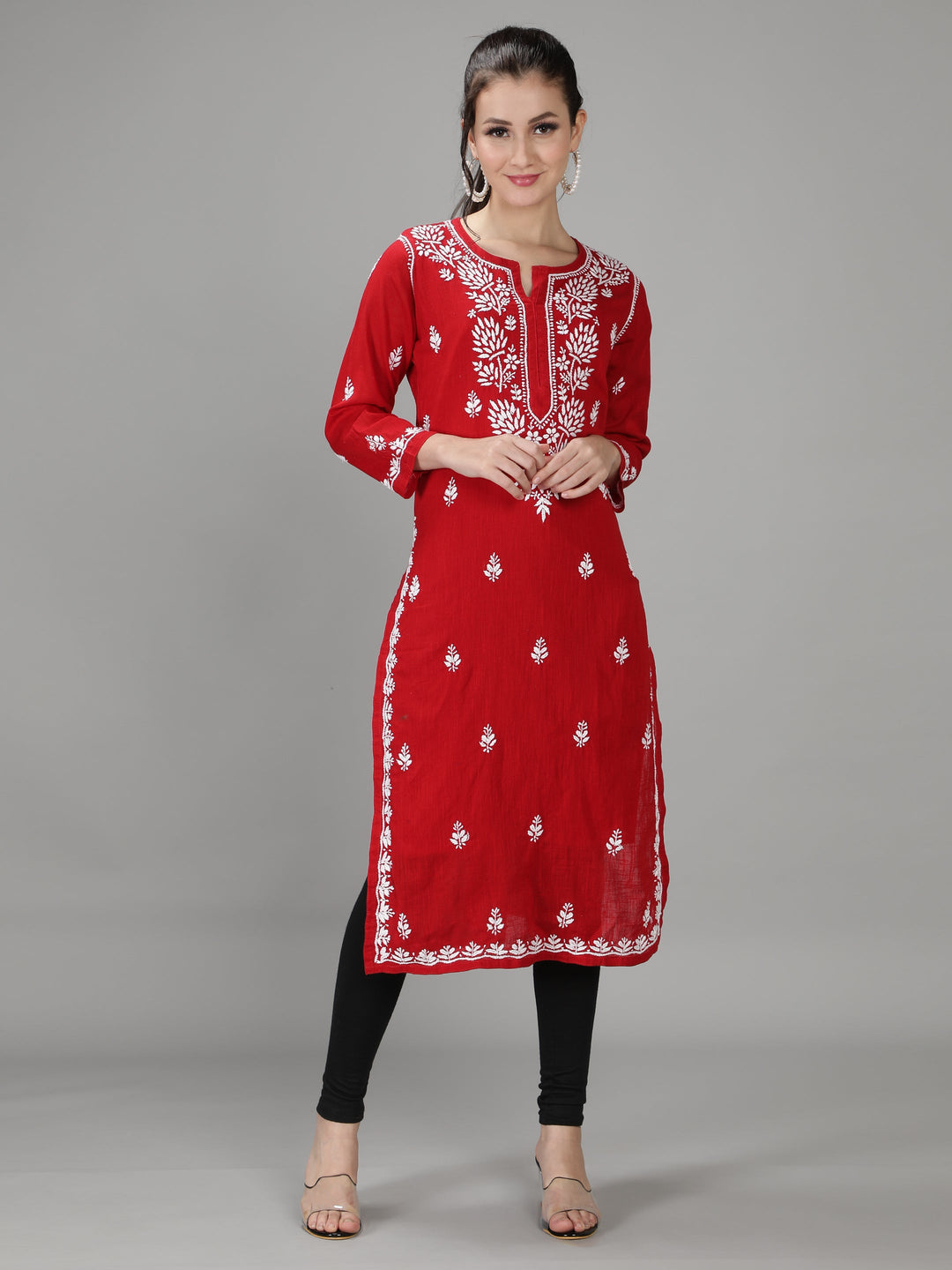 Venetian Red Cotton Straight Chikankari Kurta