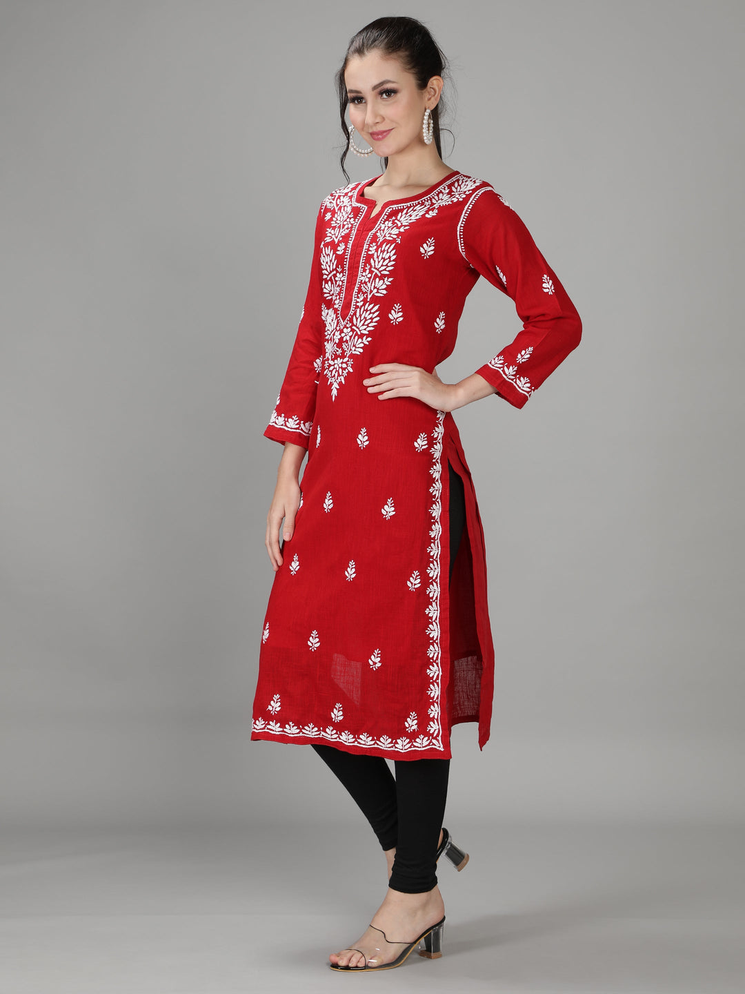 Venetian Red Cotton Straight Chikankari Kurta