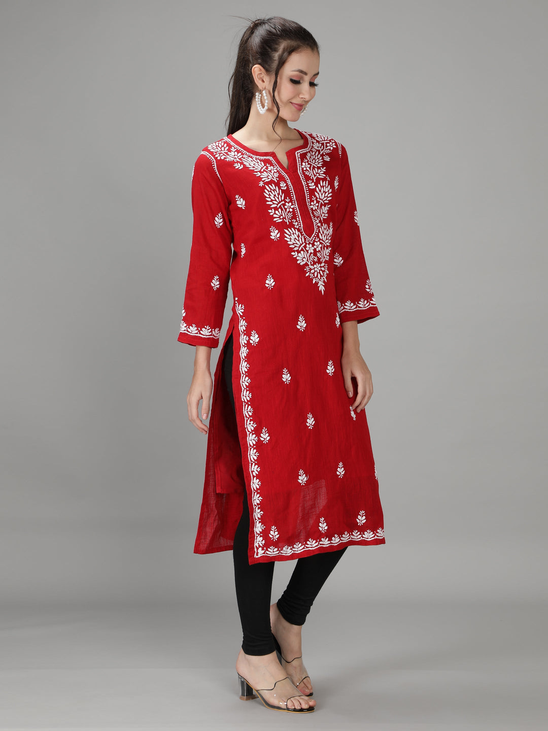 Venetian Red Cotton Straight Chikankari Kurta