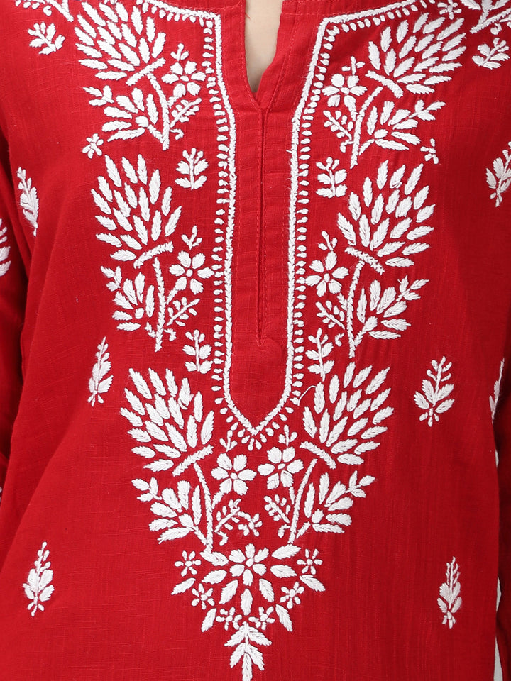 Venetian Red Cotton Straight Chikankari Kurta