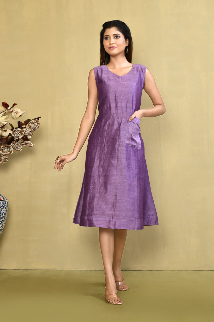 Violet Pure Linen Solid Sleeveless Dress With Front Pocket