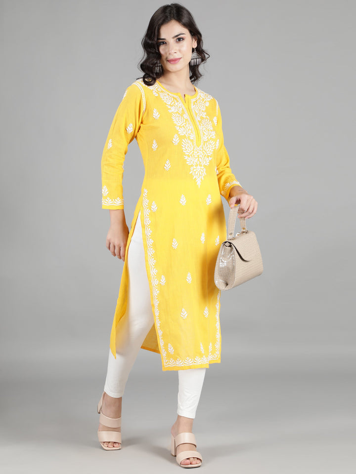 Vivid Yellow Cotton Chikankari Straight Kurta