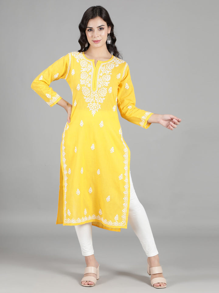 Vivid Yellow Cotton Chikankari Straight Kurta