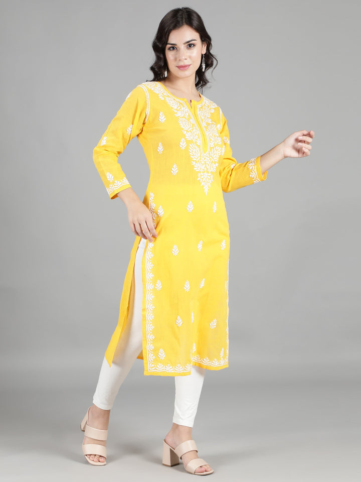 Vivid Yellow Cotton Chikankari Straight Kurta