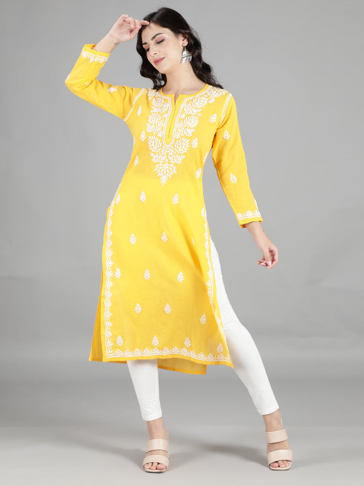 Vivid Yellow Cotton Chikankari Straight Kurta