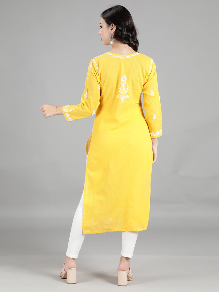 Vivid Yellow Cotton Chikankari Straight Kurta