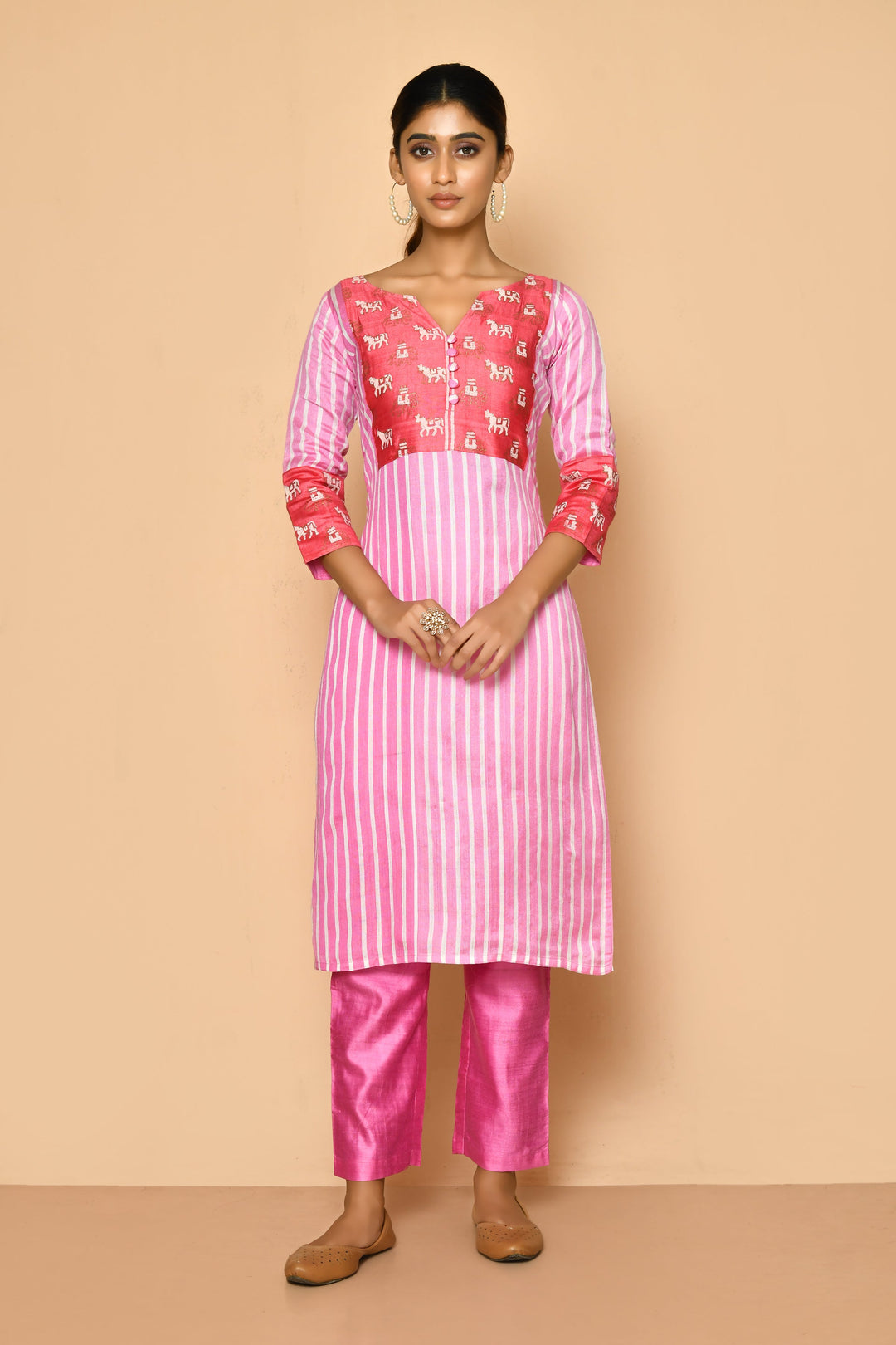 ZERESOUQ-Watermelon-Pink-Handloom-Cotton-Silk-Kurta-Set