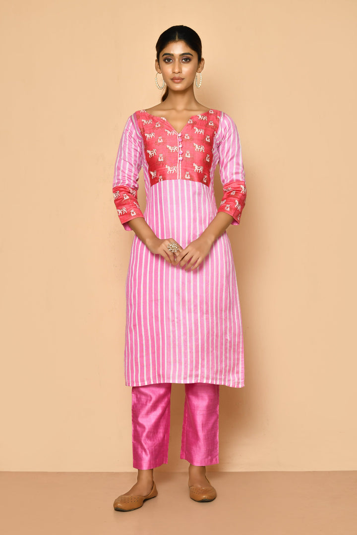 ZERESOUQ-Watermelon-Pink-Handloom-Cotton-Silk-Kurta-Set