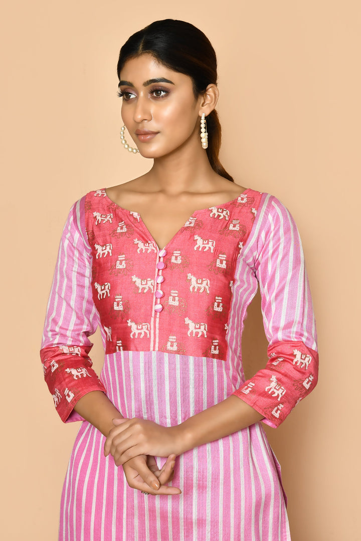 ZERESOUQ-Watermelon-Pink-Handloom-Cotton-Silk-Kurta-Set