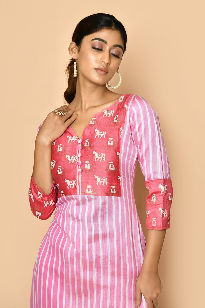 ZERESOUQ-Watermelon-Pink-Handloom-Cotton-Silk-Kurta-Set