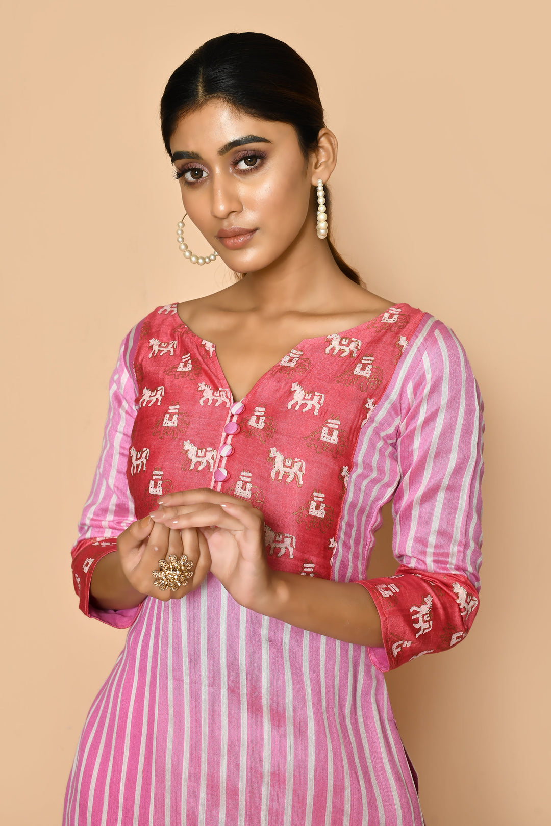 ZERESOUQ-Watermelon-Pink-Handloom-Cotton-Silk-Kurta-Set