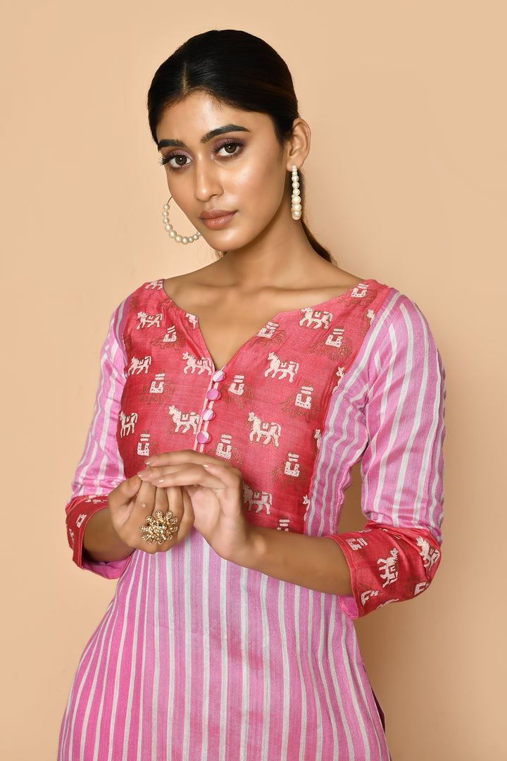 ZERESOUQ-Watermelon-Pink-Handloom-Cotton-Silk-Kurta-Set