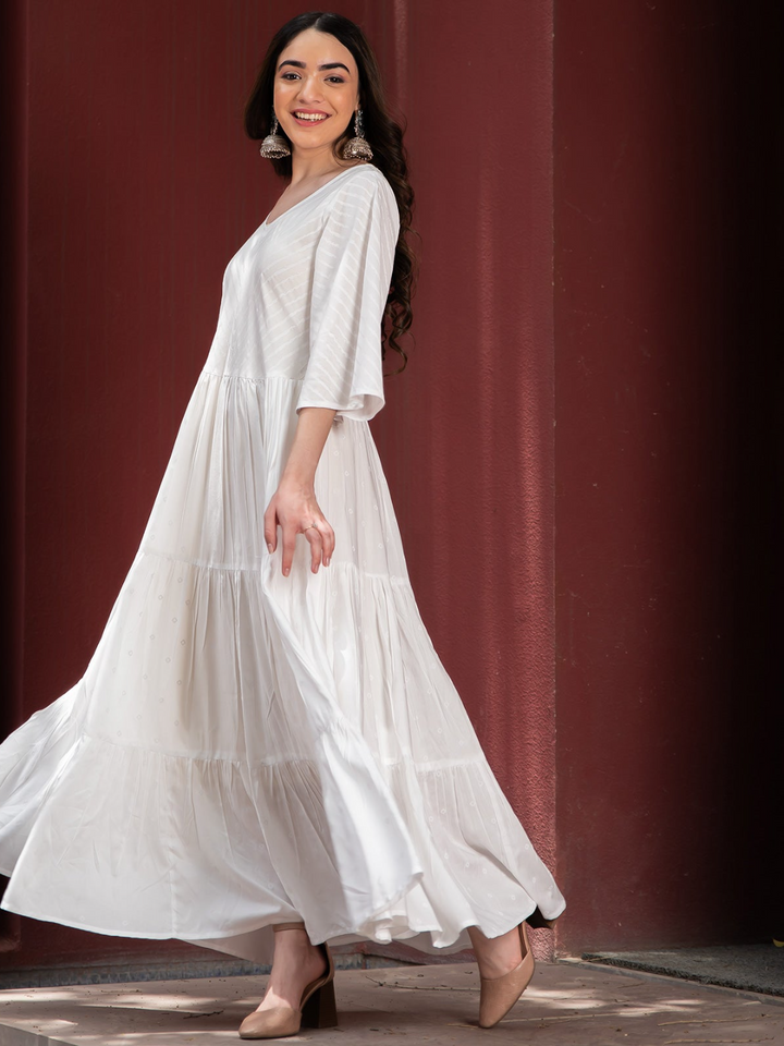 White Bandhani & Stone Printed Tiered Dress