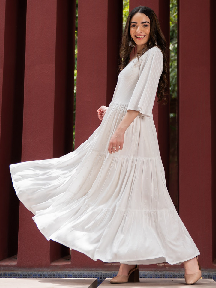 White Bandhani & Stone Printed Tiered Dress