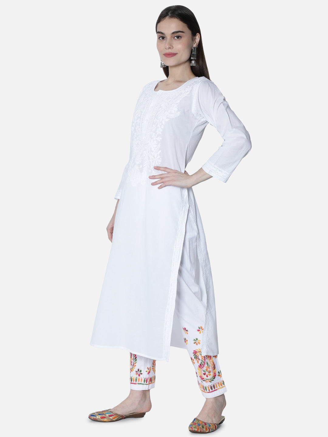 White Chikan Kurta in White Color Threadwork