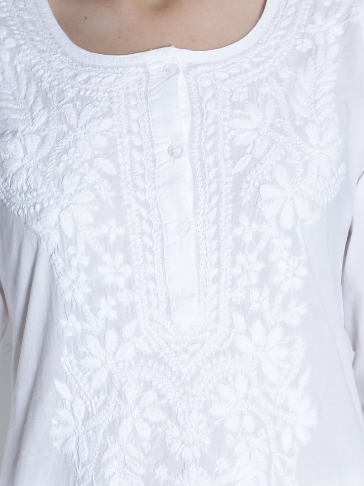 White Chikan Kurta in White Color Threadwork