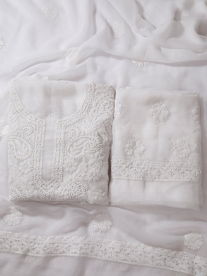 White Chikankari Unstitched Dress Material