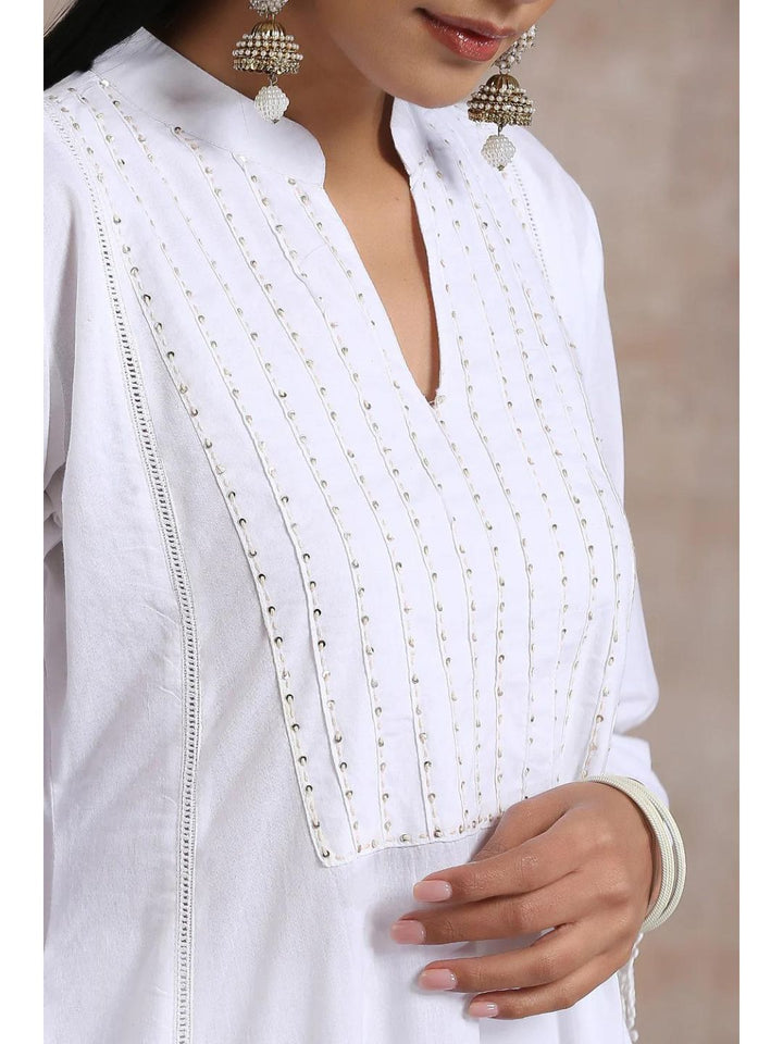 White Cotton A-Line Kurta with Lace Cuffs