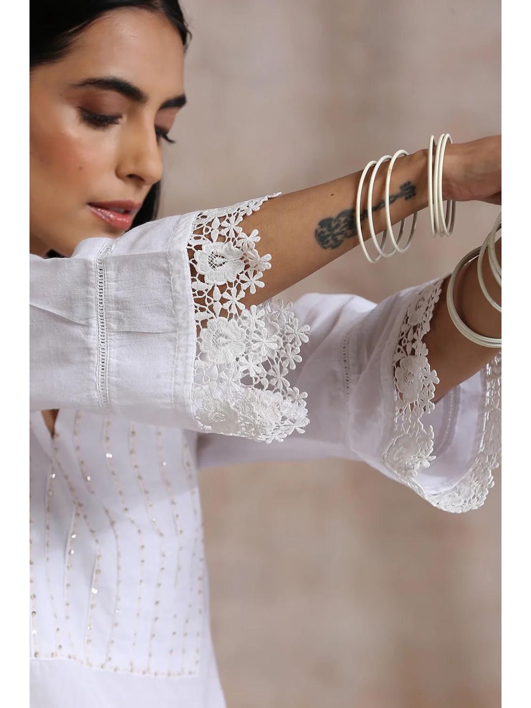 White Cotton A-Line Kurta with Lace Cuffs