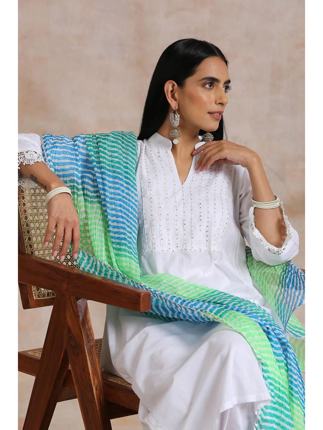 White Cotton A-Line Kurta with Lace Cuffs