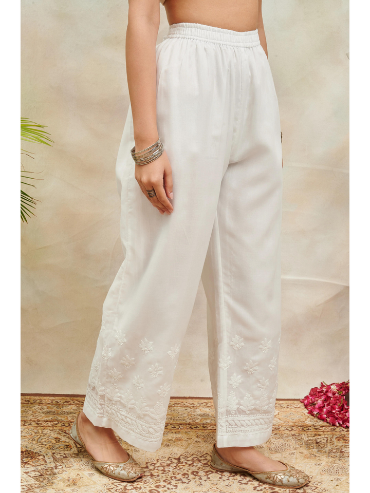 White Cotton Chikankari Embroidered Palazzo Pants