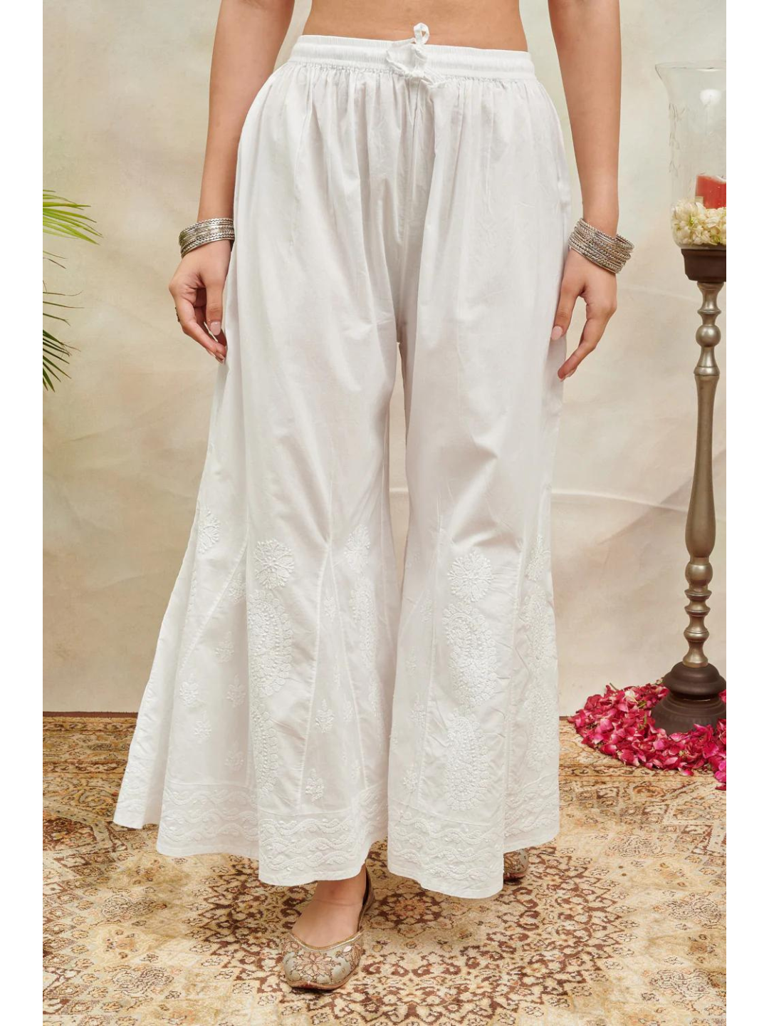 White Cotton Chikankari Embroidered Sharara Pants