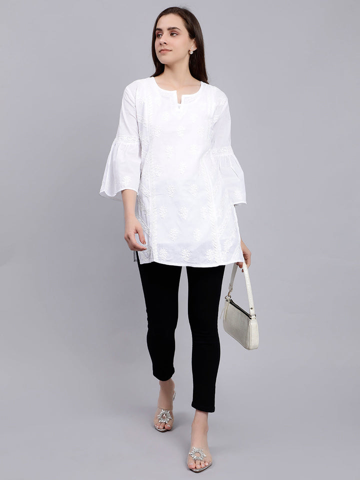 White Cotton Chikankari Embroidered Tunic Top