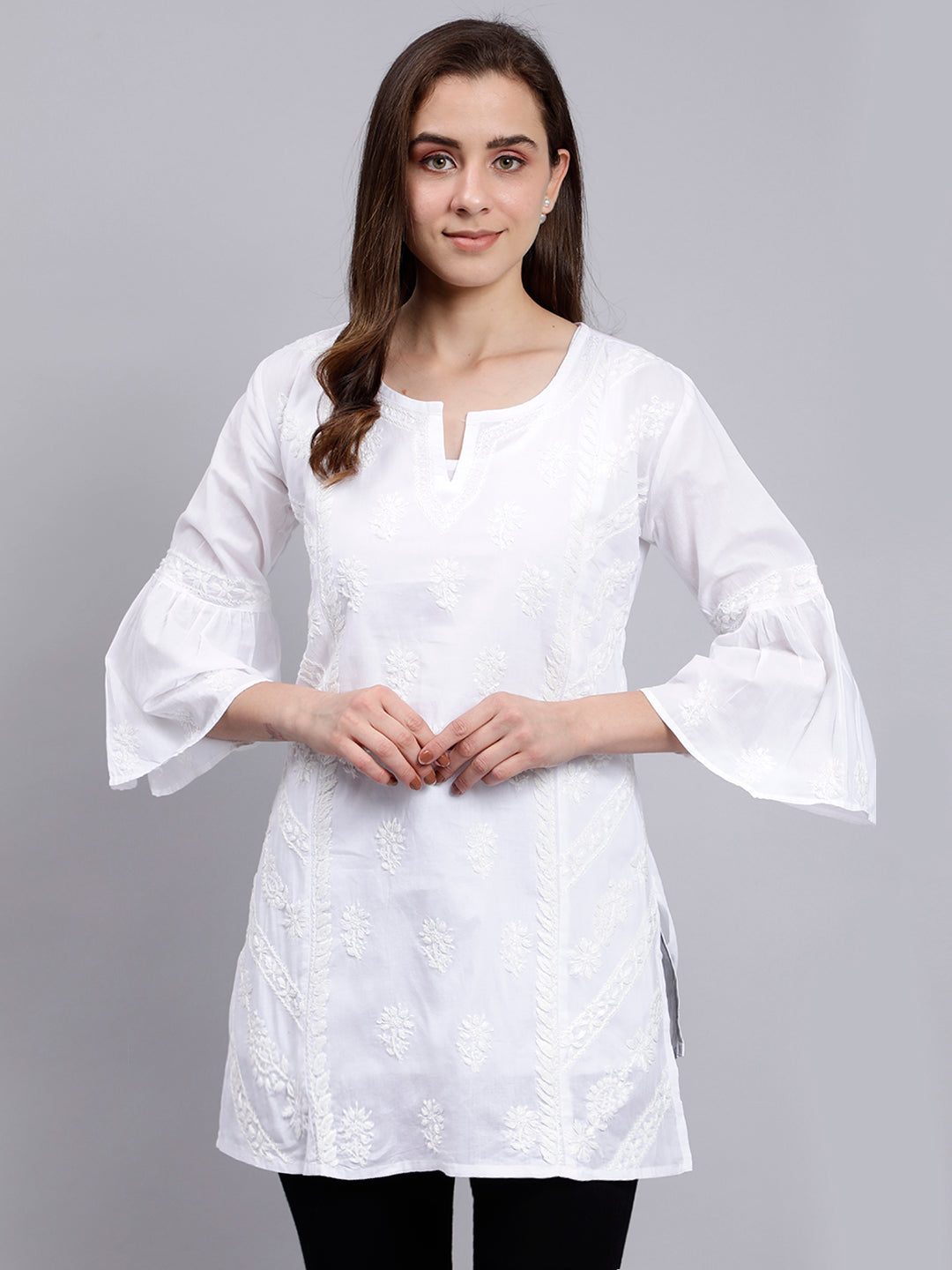 White Cotton Chikankari Embroidered Tunic Top