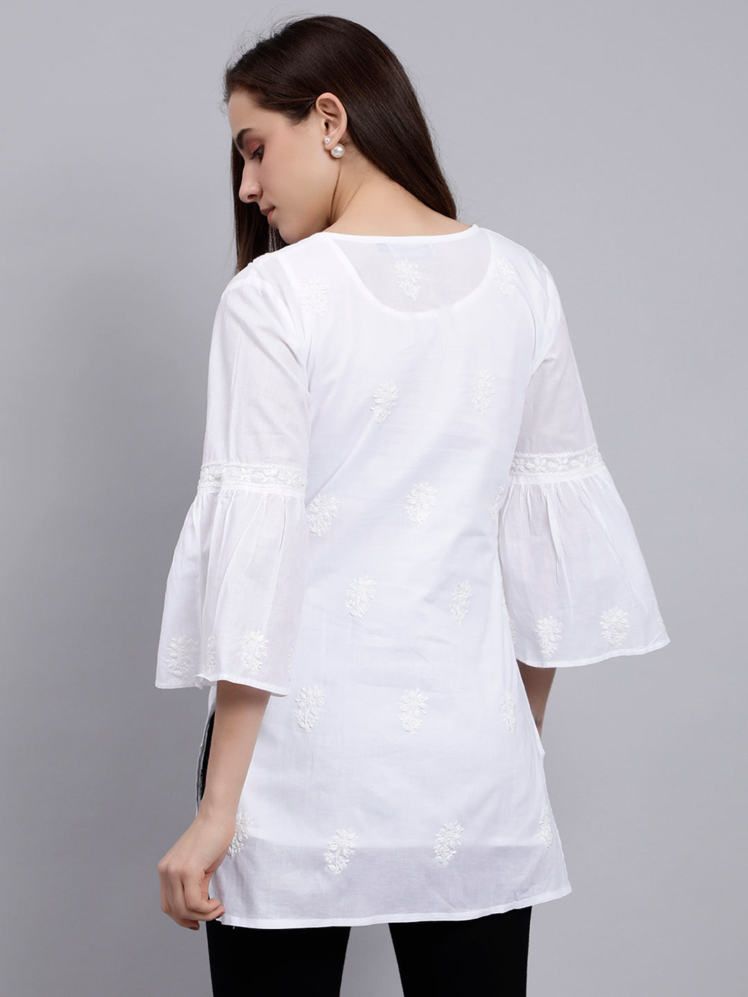 White Cotton Chikankari Embroidered Tunic Top