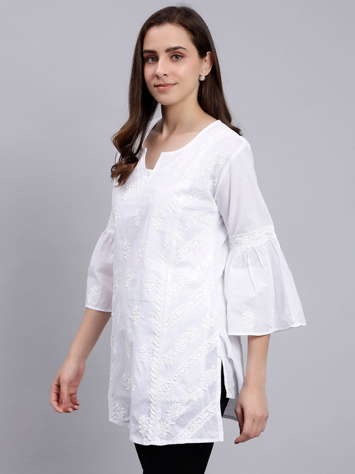 White Cotton Chikankari Embroidered Tunic Top